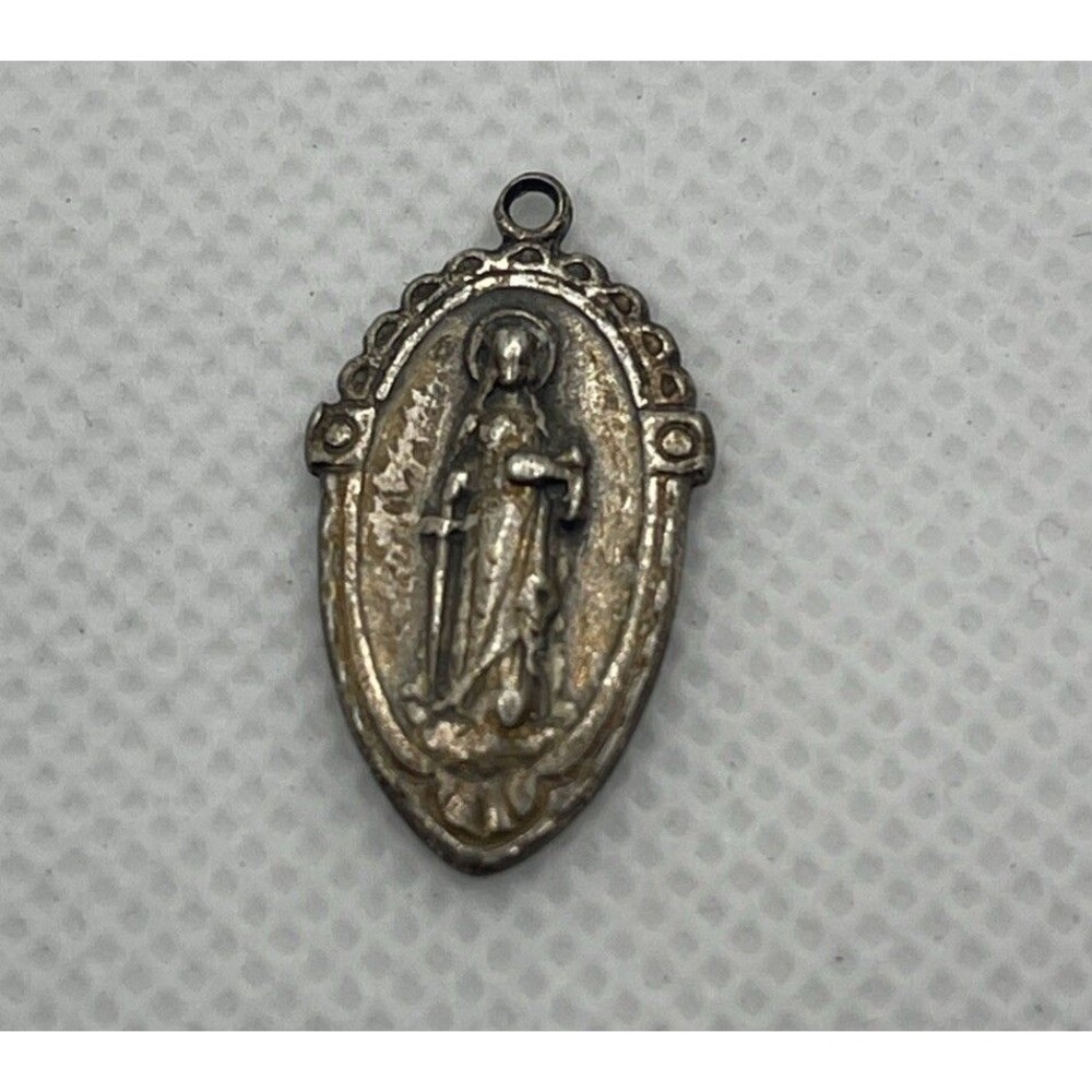 Vintage Sterling Silver Medal Pendant St Dymphna Religious - Virgin & Martyr